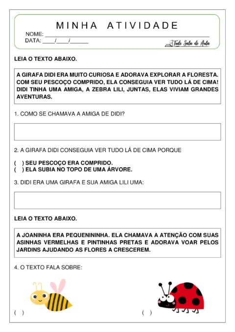 Atividade escolar com perguntas sobre uma girafa e uma joaninha.