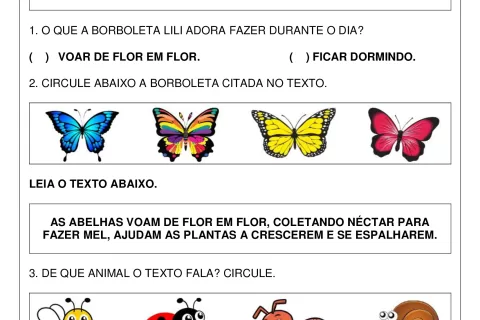 Atividade escolar com perguntas sobre borboletas e abelhas.