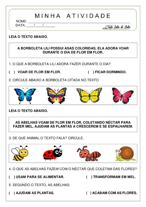 Atividade escolar com perguntas sobre borboletas e abelhas.