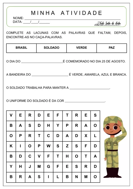 Atividade para completar lacunas sobre o Brasil, soldados e cores, com um caça-palavras.