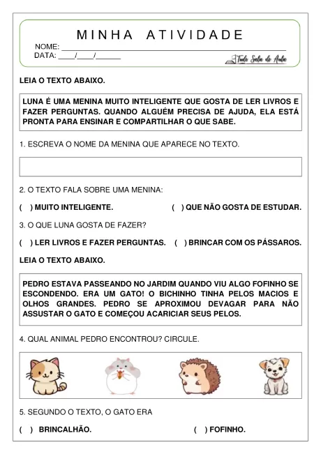 Atividade escolar com texto sobre Luna e Pedro, com perguntas sobre leitura e interpretação.