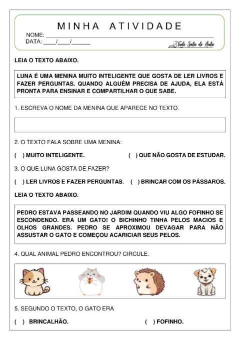 Atividade escolar com texto sobre Luna e Pedro, com perguntas sobre leitura e interpretação.