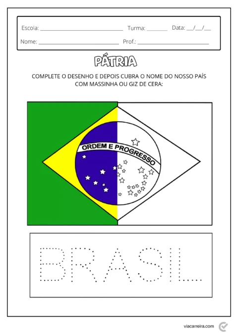 Desenho do mapa do Brasil com a bandeira e espaço para completar o nome do país.