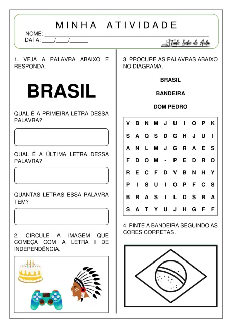 Atividade escolar com perguntas sobre a palavra Brasil, incluindo um diagrama de palavras e instruções para desenhar a bandeira.
