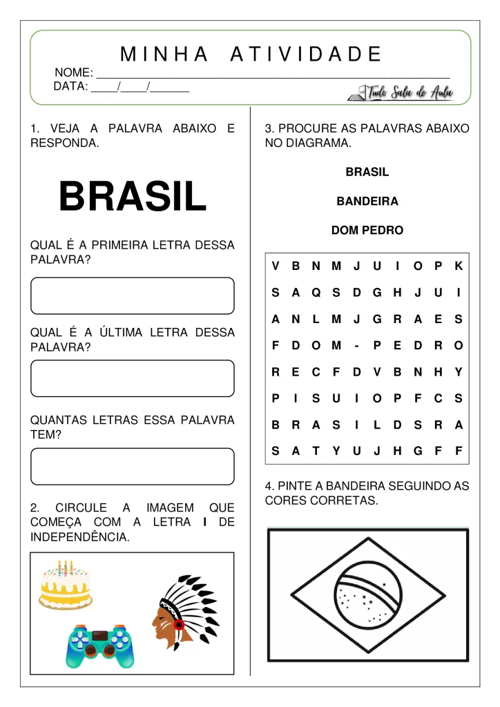 Atividade escolar com perguntas sobre a palavra Brasil, incluindo um diagrama de palavras e instruções para desenhar a bandeira.