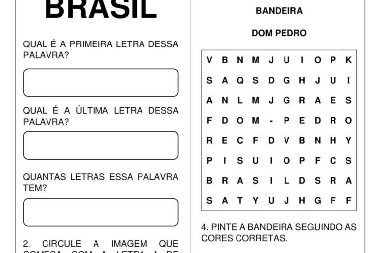 Atividade escolar com perguntas sobre a palavra Brasil, incluindo um diagrama de palavras e instruções para desenhar a bandeira.
