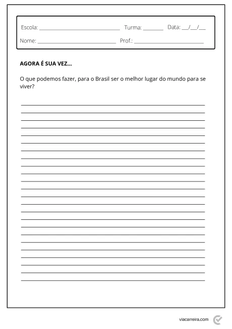 Folha de atividade escolar com perguntas sobre como tornar o Brasil o melhor lugar do mundo.