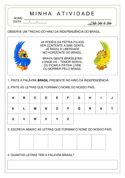 Atividade escolar com instruções sobre o hino da independência do Brasil, incluindo exercícios de identificação de palavras.