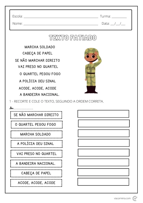 Imagem de uma atividade escolar com um soldado e instruções para recortar e colar um texto.