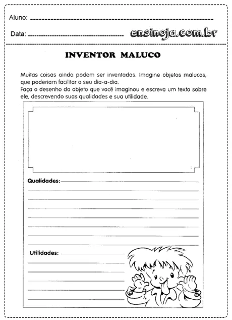 Atividade escolar sobre invenções com espaço para desenho e texto.