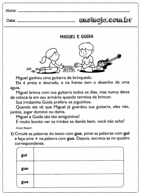 Atividade educativa sobre Miguel e Guida, com ilustrações e texto.