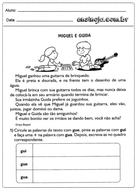 Atividade educativa sobre Miguel e Guida, com ilustrações e texto.