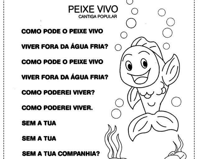 Desenho de um peixe feliz com letras e perguntas sobre a canção popular 'Peixe Vivo'.