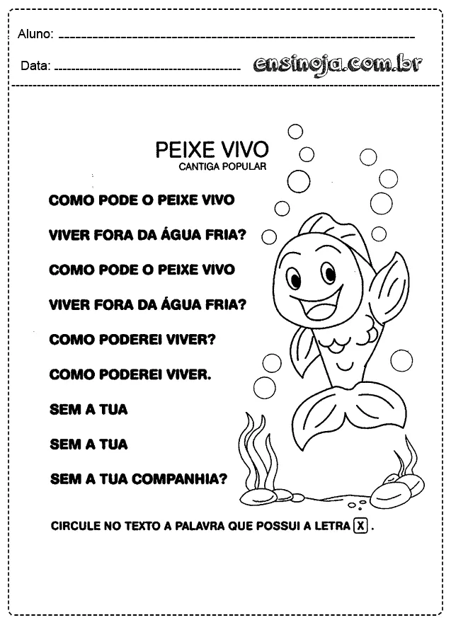 Desenho de um peixe feliz com letras e perguntas sobre a canção popular 'Peixe Vivo'.