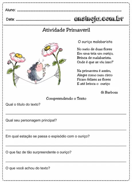 Atividade de compreensão de texto com um ouriço malabarista entre flores.