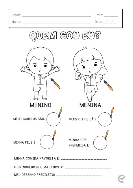 Atividade educacional para crianças com espaço para desenhar e descrever características pessoais.