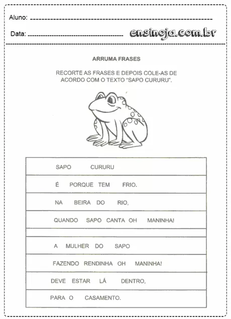 Desenho de um sapo com frases para recortar e colar.