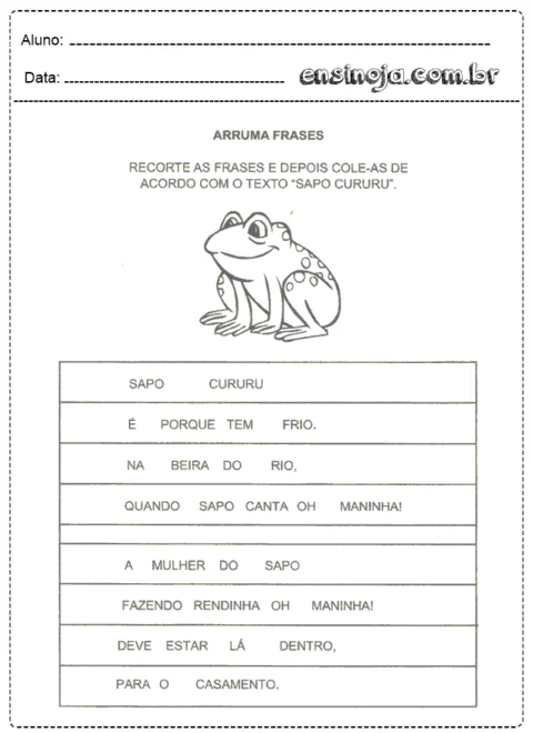 Desenho de um sapo com frases para recortar e colar.