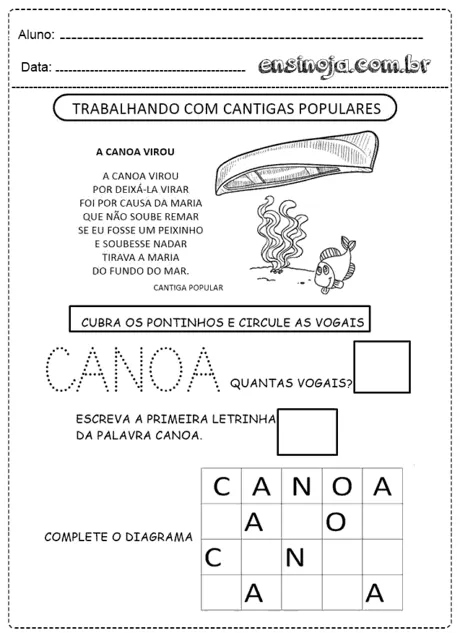 Atividade educativa sobre a canção popular 'A Canção Virou', com exercícios de identificação de vogais e um diagrama para completar.