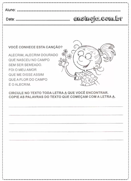 Atividade de educação infantil sobre a canção Alecrim Dourado, com ilustração de uma menina segurando flores.