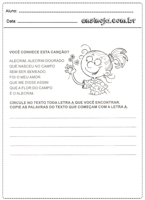 Atividade de educação infantil sobre a canção Alecrim Dourado, com ilustração de uma menina segurando flores.