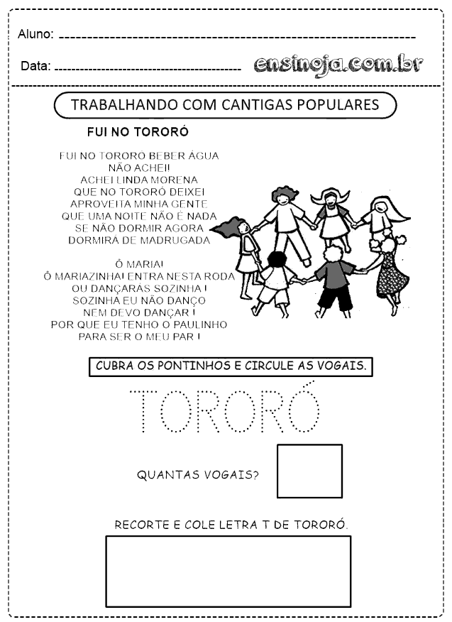 Atividade educativa sobre a cantiga popular 'Fui no Tororó' com ilustrações de crianças dançando.