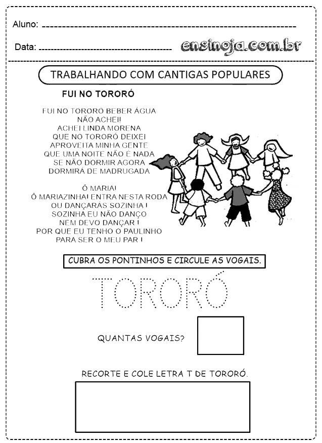 Atividade educativa sobre a cantiga popular 'Fui no Tororó' com ilustrações de crianças dançando.