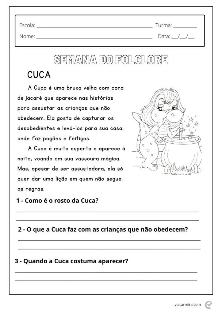 Desenho da Cuca, uma bruxa do folclore brasileiro, com cara de jacaré, ao lado de um caldeirão.