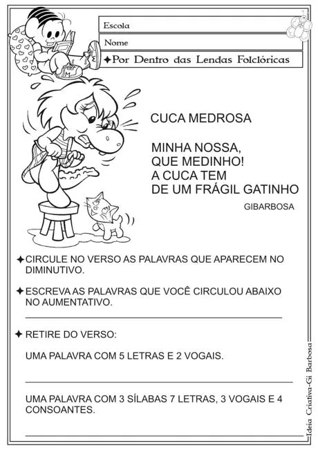 Atividade sobre a Cuca Medrosa com instruções para trabalhar diminutivos e aumentativos.
