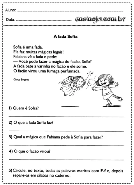 Texto sobre a fada Sofia com ilustrações de duas meninas e perguntas sobre a história.