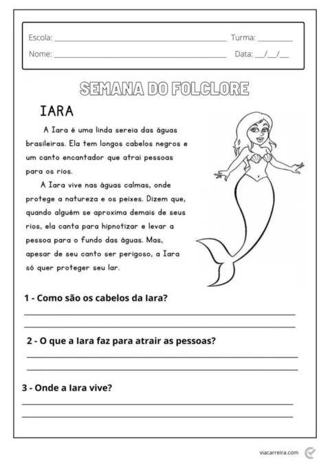 Desenho da sereia Iara com texto sobre sua história e perguntas para os alunos.