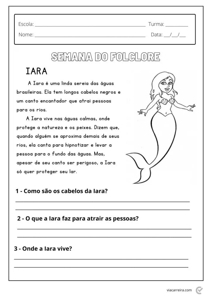 Desenho da sereia Iara com texto sobre sua história e perguntas para os alunos.