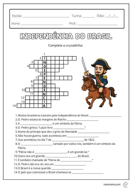 Atividade educacional com uma cruzadinha sobre a Independência do Brasil, incluindo um desenho de Dom Pedro I a cavalo.