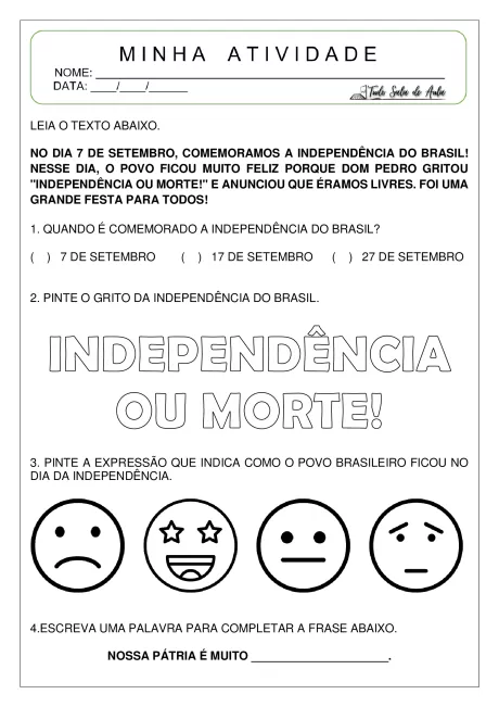 Atividade escolar sobre a Independência do Brasil com perguntas e espaços para respostas.