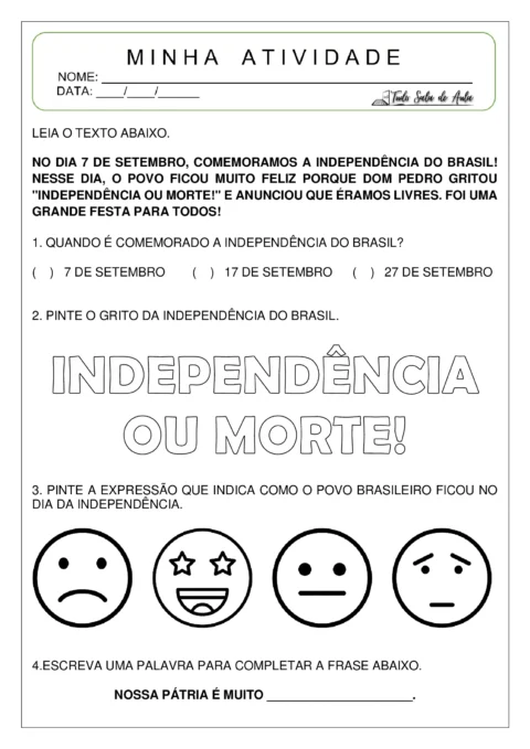 Atividade escolar sobre a Independência do Brasil com perguntas e espaços para respostas.