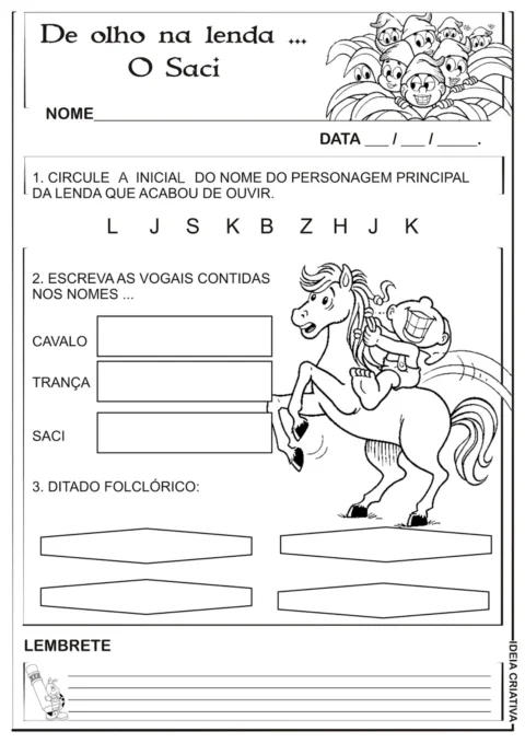 Atividade educativa sobre a lenda do Saci, com exercícios de escrita e identificação de vogais.