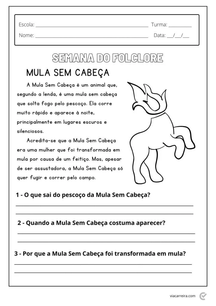 Atividade sobre a Mula Sem Cabeça, com perguntas para os alunos responderem.