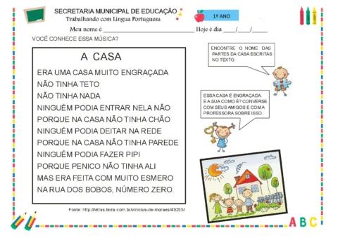 Atividade sobre a música 'A Casa' de Vinicius de Moraes, com ilustrações e perguntas para os alunos.