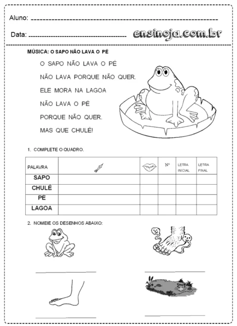 Atividade educativa sobre a música 'O Sapo Não Lava o Pé' com ilustrações de um sapo e partes do corpo.