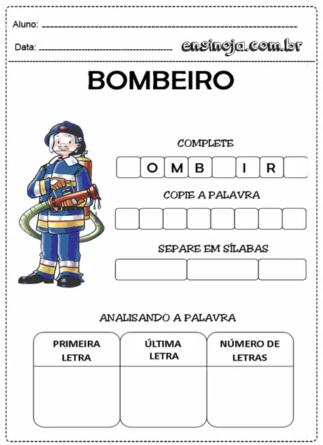 Atividade educacional sobre a palavra bombeiro com ilustração de um bombeiro.