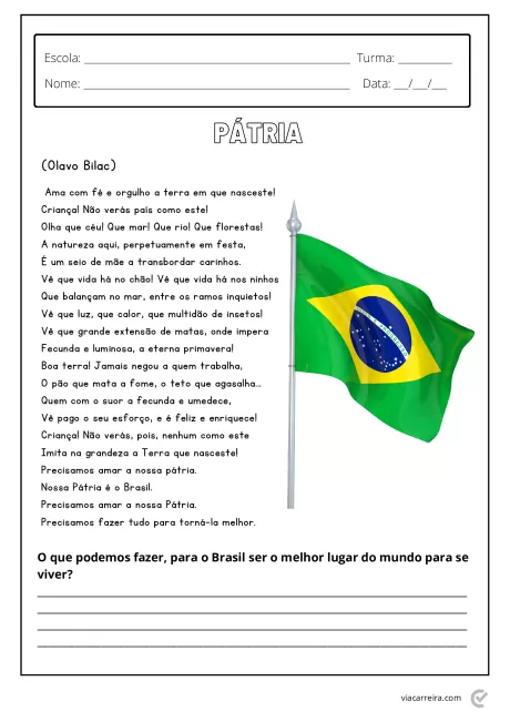 Desenho de uma bandeira do Brasil com um texto sobre a pátria e perguntas para reflexão.
