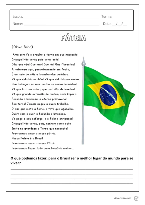 Desenho de uma bandeira do Brasil com um texto sobre a pátria e perguntas para reflexão.