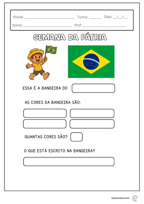 Atividade educativa sobre a Semana da Pátria com desenho de uma criança segurando a bandeira do Brasil.