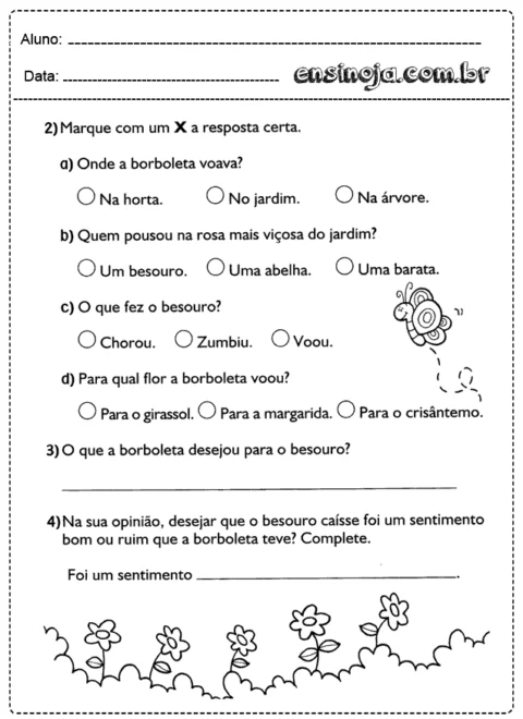 Atividade escolar sobre uma borboleta e um besouro, com perguntas para os alunos responderem.