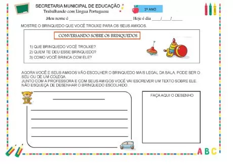 Atividade escolar sobre brinquedos para o 1º ano do ensino fundamental.