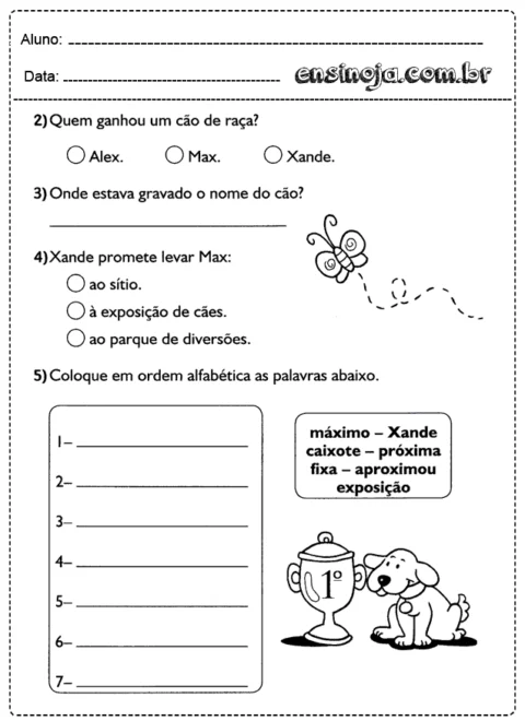 Atividade escolar sobre um cão de raça e perguntas relacionadas.