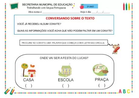 Atividade de educação infantil sobre convites e identificação de palavras.