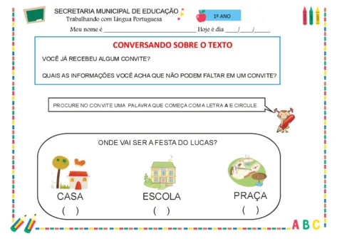 Atividade de educação infantil sobre convites e identificação de palavras.