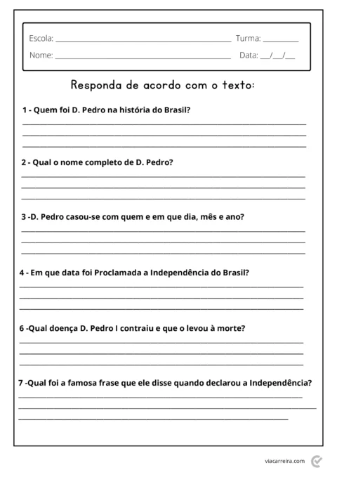 Folha de atividades escolares sobre D. Pedro I, com perguntas sobre sua vida e a Independência do Brasil.