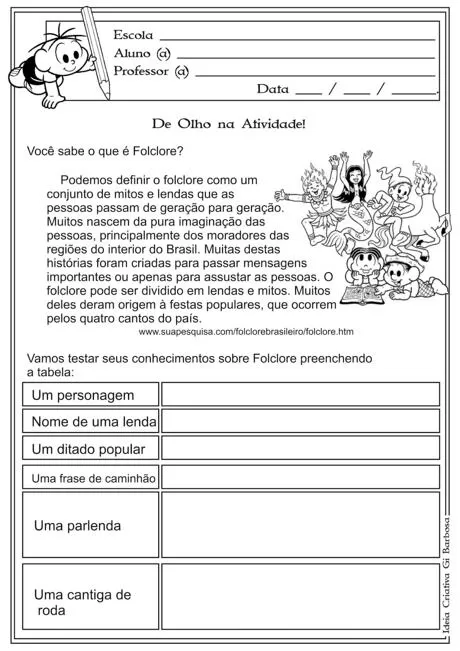 Atividade sobre folclore com espaço para preencher informações.